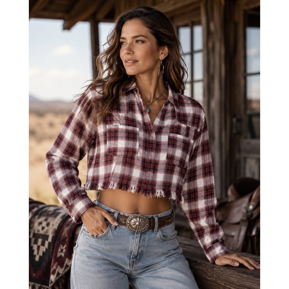 Lee Plaid Flannel Shirt Womens Large Red White Excellent Cropped Frayed Hem